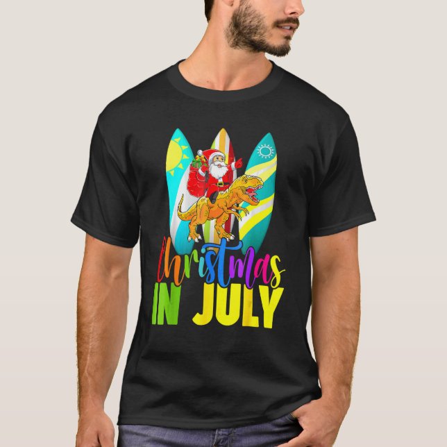Santa Riding Dinosaur Christmas July Summer Surfi T-Shirt (Front)