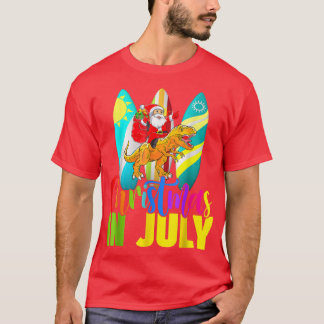 Santa Riding Dinosaur Christmas July Summer Surfi T-Shirt