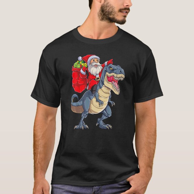 Santa Riding Dinosaur rex Christmas Xmas Holiday B T-Shirt (Front)