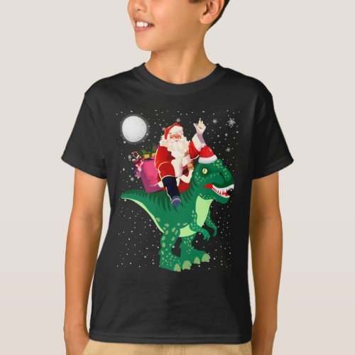 Santa Riding Dinosaur T rex Christmas Boy T_Shirt
