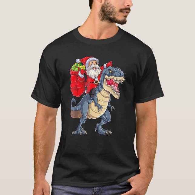 Santa Riding Dinosaur T Rex Christmas  Boys Men Xm T-Shirt (Front)