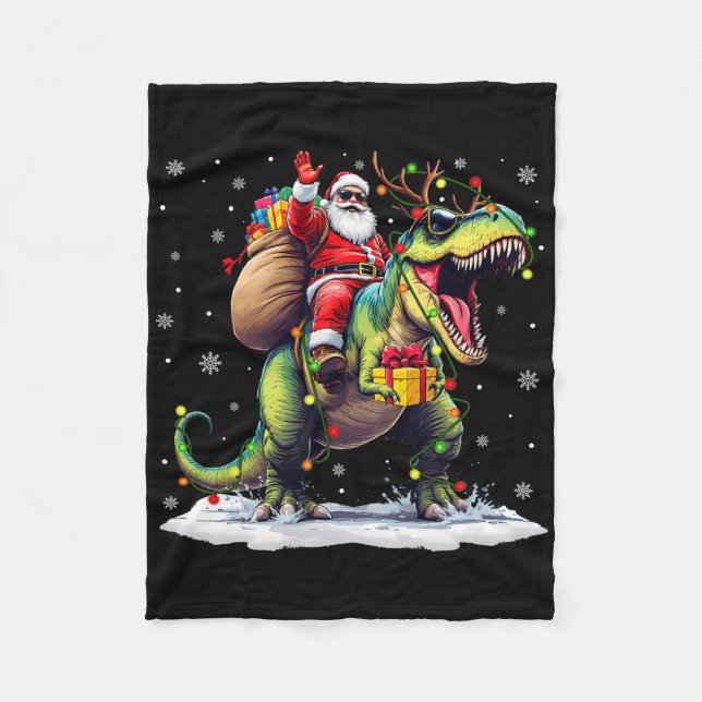 Santa Riding Dinosaur T Rex Christmas Boys Men Xma Fleece Blanket (Front)