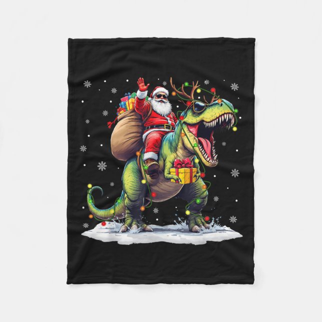 Santa Riding Dinosaur T Rex Christmas Boys Men Xma Fleece Blanket (Front)
