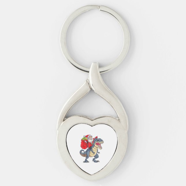 Santa Riding Dinosaur T rex Christmas Boys Men Xma Keychain (Front)