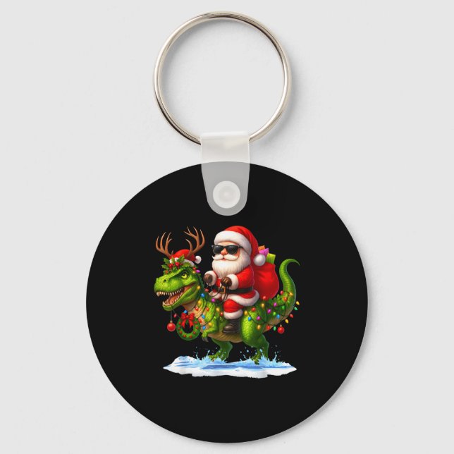 Santa Riding Dinosaur T Rex Christmas Boys Men Xma Keychain (Front)