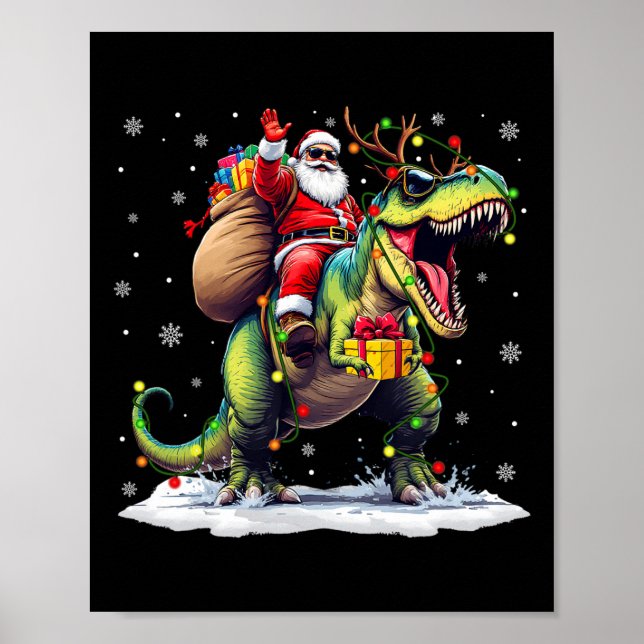 Santa Riding Dinosaur T Rex Christmas Boys Men Xma Poster (Front)