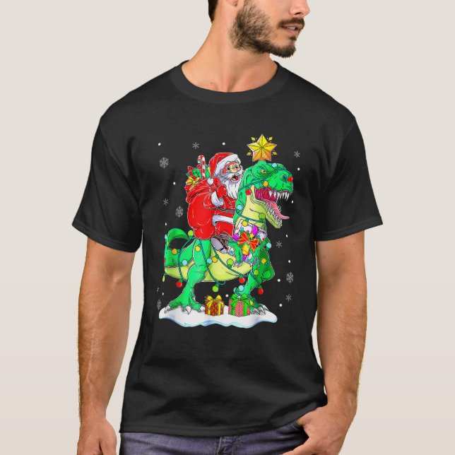 Santa Riding Dinosaur T Rex Christmas Boys Men Xma T-Shirt (Front)