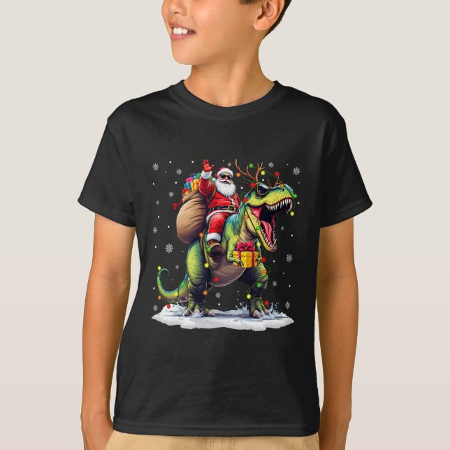 Santa Riding Dinosaur T Rex Christmas Boys Men Xma T-Shirt (Front)