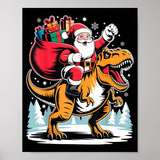 Santa Riding Dinosaur T Rex Christmas Boys Xmas  Poster (Front)