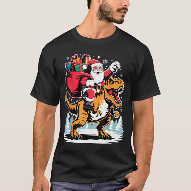 Santa Riding Dinosaur T Rex Christmas Boys Xmas  T-Shirt (Front)