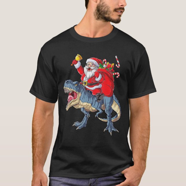 Santa Riding Dinosaur T rex Christmas Gifts  T-Shirt (Front)