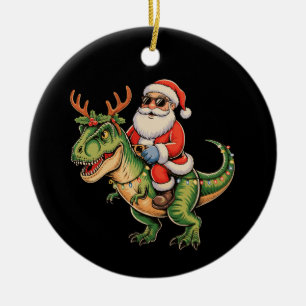 Santa Riding Dinosaur T Rex Christmas Retro Xmas Ceramic Ornament