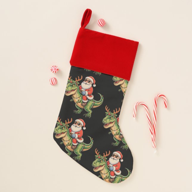 Santa Riding Dinosaur T Rex Christmas Retro Xmas Christmas Stocking (Front)