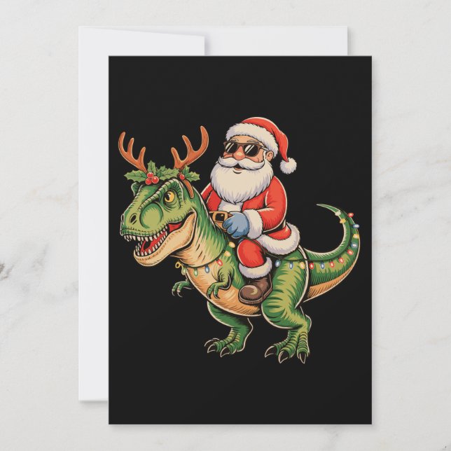 Santa Riding Dinosaur T Rex Christmas Retro Xmas Holiday Card (Front)