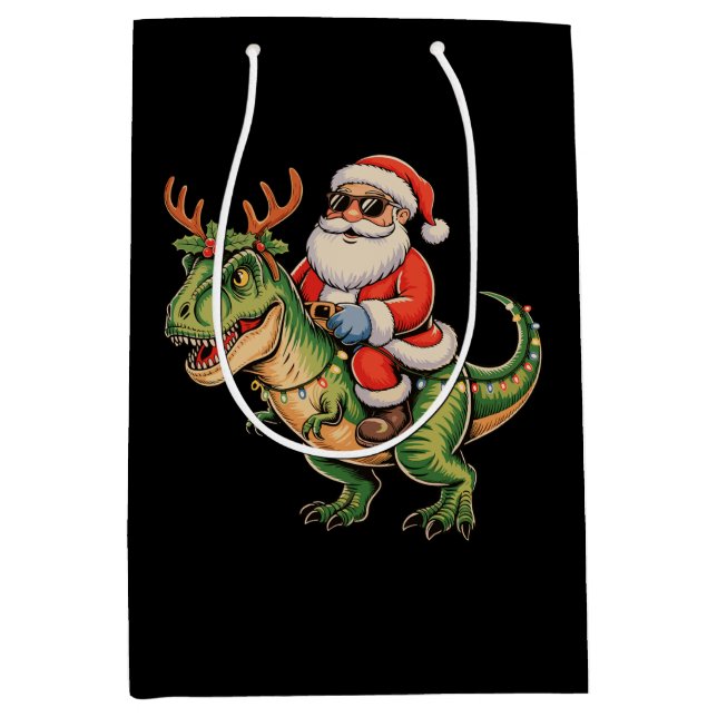 Santa Riding Dinosaur T Rex Christmas Retro Xmas Medium Gift Bag (Front)