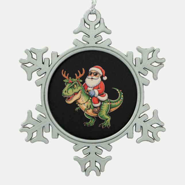 Santa Riding Dinosaur T Rex Christmas Retro Xmas Snowflake Pewter Christmas Ornament (Front)