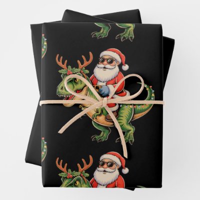 Santa Riding Dinosaur T Rex Christmas Retro Xmas Wrapping Paper Sheets