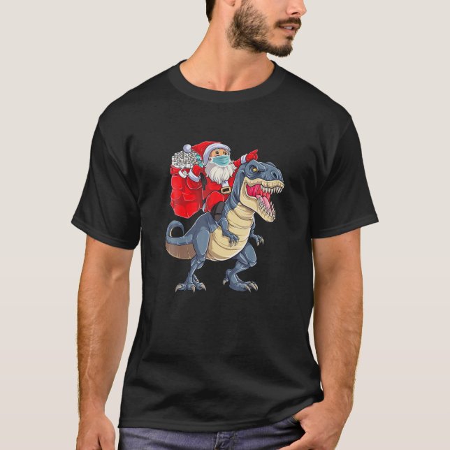 Santa Riding Dinosaur T Rex Christmas Santa With F T-Shirt (Front)