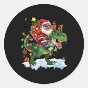 Santa Riding Dinosaur T Rex Christmas Tree Lights Classic Round Sticker