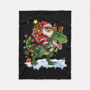 Santa Riding Dinosaur T Rex Christmas Tree Lights  Fleece Blanket