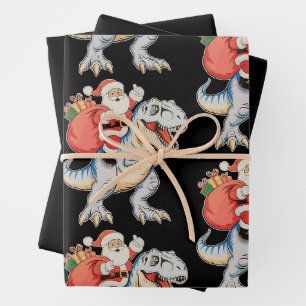 Santa Riding Dinosaur T Rex Christmas Xmas Holiday Wrapping Paper Sheets
