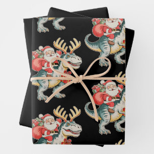Santa Riding Dinosaur T-Rex Christmas Xmas Holiday Wrapping Paper Sheets