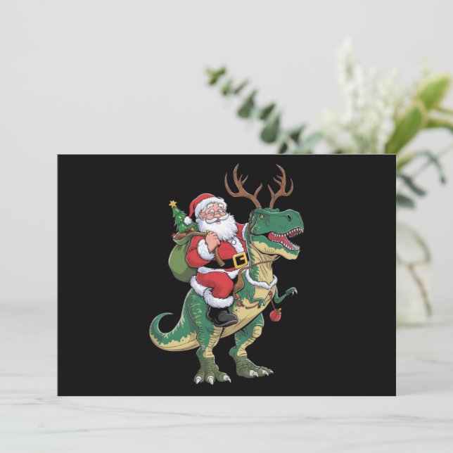 Santa Riding Dinosaur T-Rex Christmas Xmas Squad Holiday Card (Standing Front)