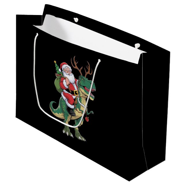 Santa Riding Dinosaur T-Rex Christmas Xmas Squad Large Gift Bag (Front Angled)