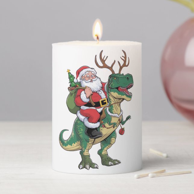 Santa Riding Dinosaur T-Rex Christmas Xmas Squad Pillar Candle (In Situ)
