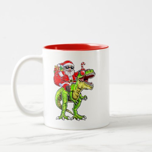 Santa Riding Dinosaur T Rex Christmas Xmas Squad Two_Tone Coffee Mug