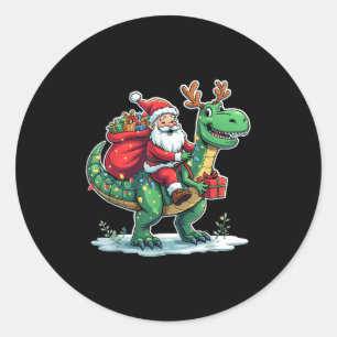 Santa Riding Dinosaur T Rex Deer Xmas Lights Men W Classic Round Sticker