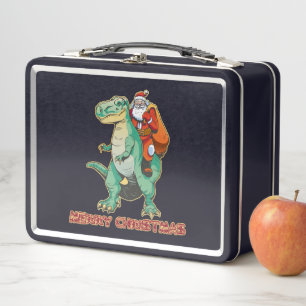 Santa Riding Dinosaur, Trex Santa, Christmas Dino Metal Lunch Box