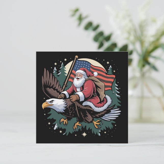Santa Riding Eagle USA Flag Christmas  Holiday Card (Standing Front)