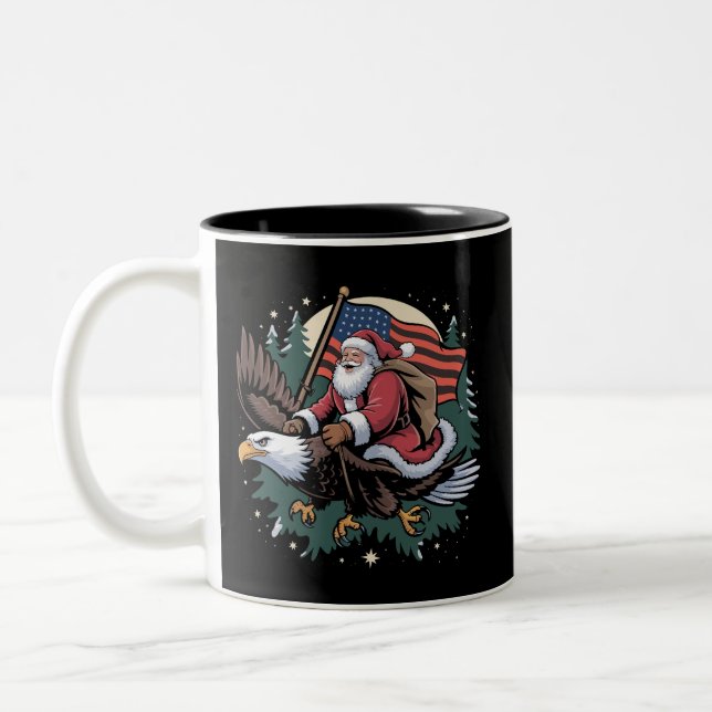 Santa Riding Eagle USA Flag Christmas  Two-Tone Coffee Mug (Left)