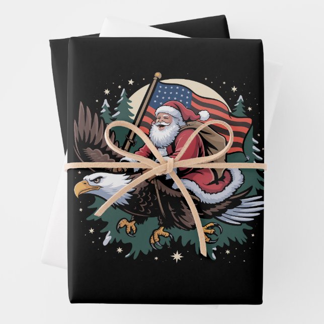 Santa Riding Eagle USA Flag Christmas  Wrapping Paper Sheets (In situ)