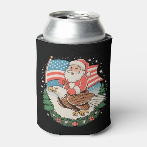 Santa Riding Eagle USA Flag Christmas Xmas Holiday Can Cooler