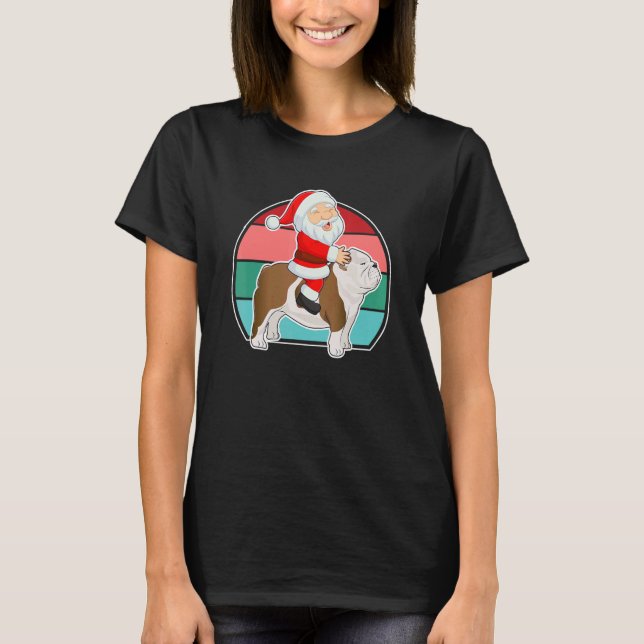 Santa Riding English Bulldog Christmas PJs Xmas Pa T-Shirt (Front)