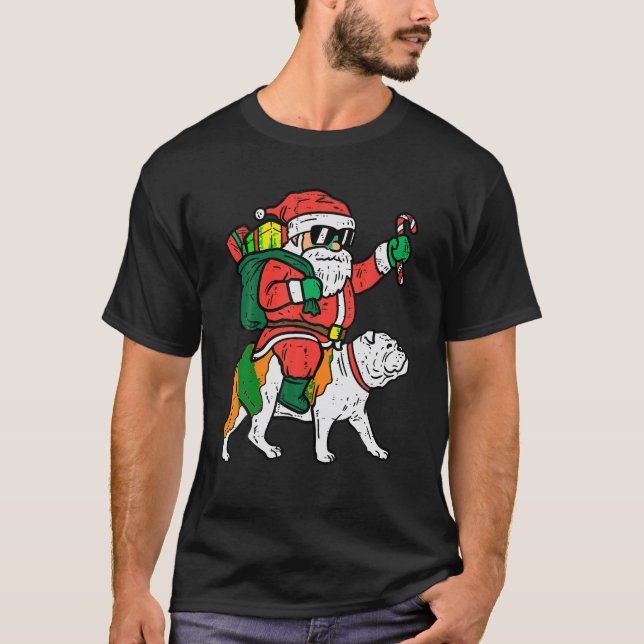 Santa Riding English Bulldog Christmas Xmas T-Shirt (Front)