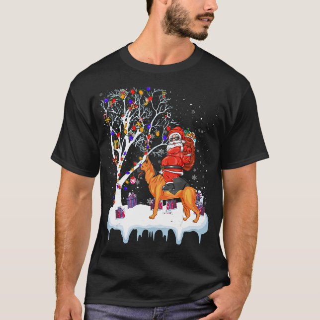 Santa Riding German Shepherd Dog Tree Lights T-Shirt (Front)