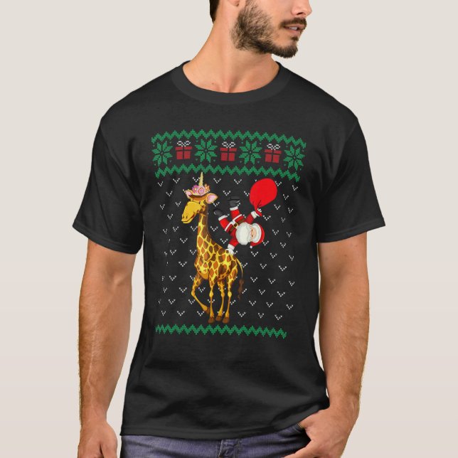 Santa Riding Giraffe Unicorn Christmas Ugly Pajama T-Shirt (Front)