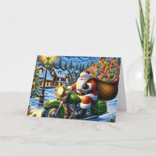 Santa Riding Green Motorcycle Delivering Packages Holiday Card
