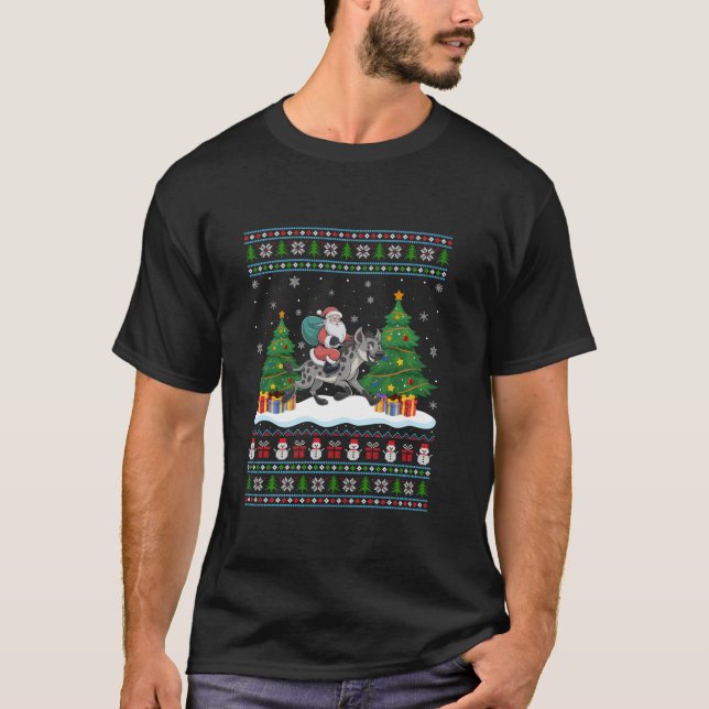 Santa Riding Hyena Tree Lights Ugly Christmas Swea T-Shirt (Front)