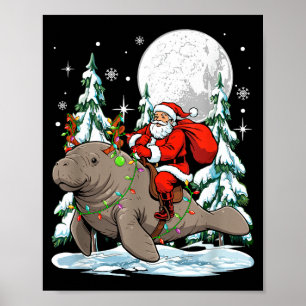 Santa Riding Manatee Reindeer Christmas Tree Color Poster