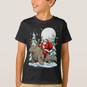 Santa Riding Manatee Reindeer Christmas Tree Color T-Shirt