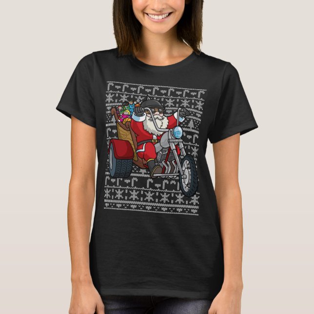 Santa Riding Motorcycle Ugly Christmas Biker Motor T-Shirt (Front)