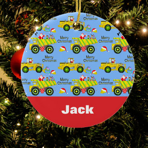 Santa Riding On Dump Truck And Bulldozer Blue Ceramic Ornament