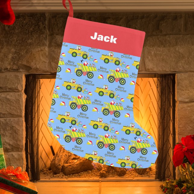 Santa Riding On Dump Truck And Bulldozer Blue Small Christmas Stocking (Creator Uploaded)
