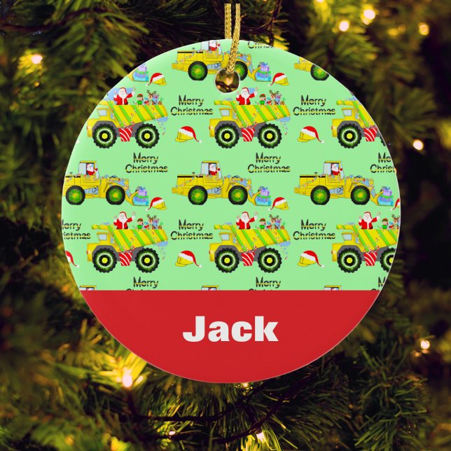 Santa Riding On Dump Truck And Bulldozer Green Ceramic Ornament (Creator Uploaded)