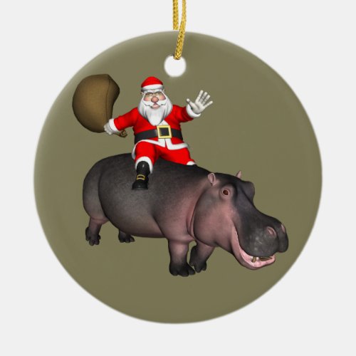 Santa Riding On Hippo Ceramic Ornament