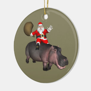 Santa Riding On Hippo Ceramic Ornament